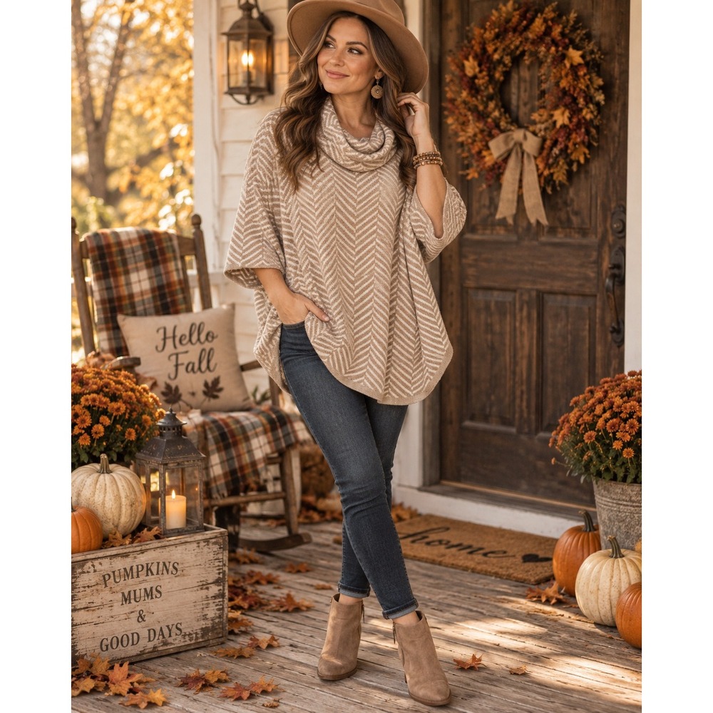 Loft Outlet Tan White Chevron Cowl Neck Poncho Sweater NWT ML 30039117
